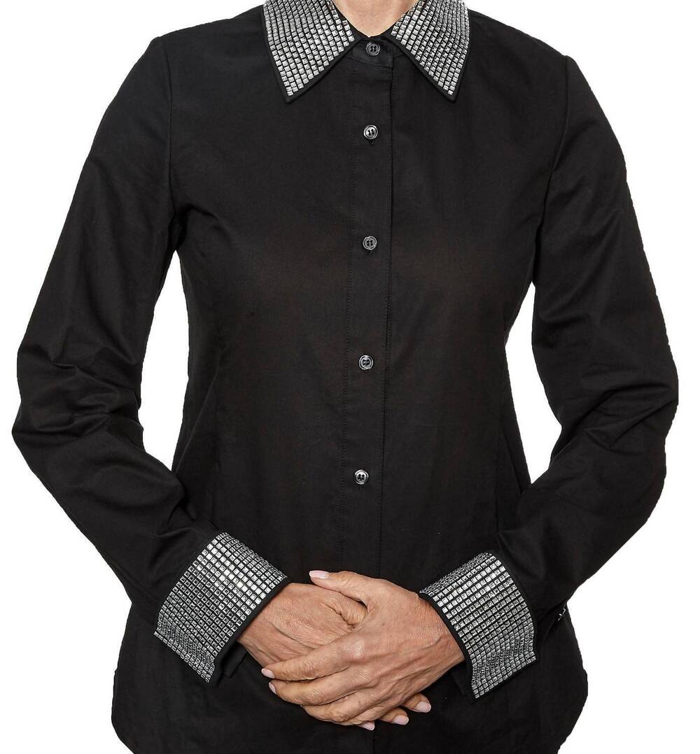 NEW MAISON NICA crystal retreat button down blouse in black